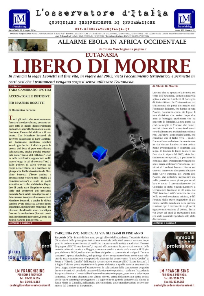 L'osservatore d'Italia edizione del 25 Giugno 2014